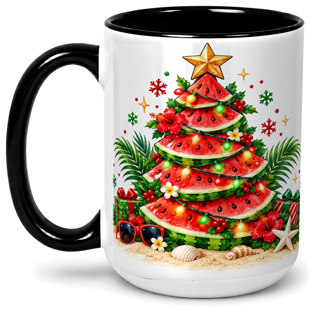 #pl[15oz|Black] Tropical Watermelon Christmas Ceramic Mug with Beach Artwork