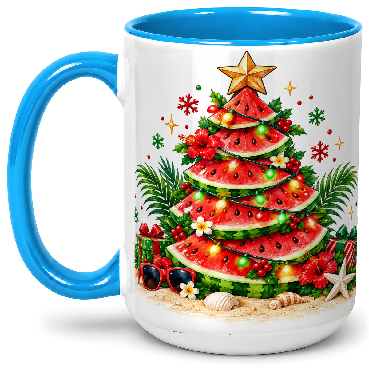 #pl[15oz|Blue] Tropical Watermelon Christmas Ceramic Mug with Beach Artwork