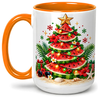 #pl[15oz|Orange] Tropical Watermelon Christmas Ceramic Mug with Beach Artwork