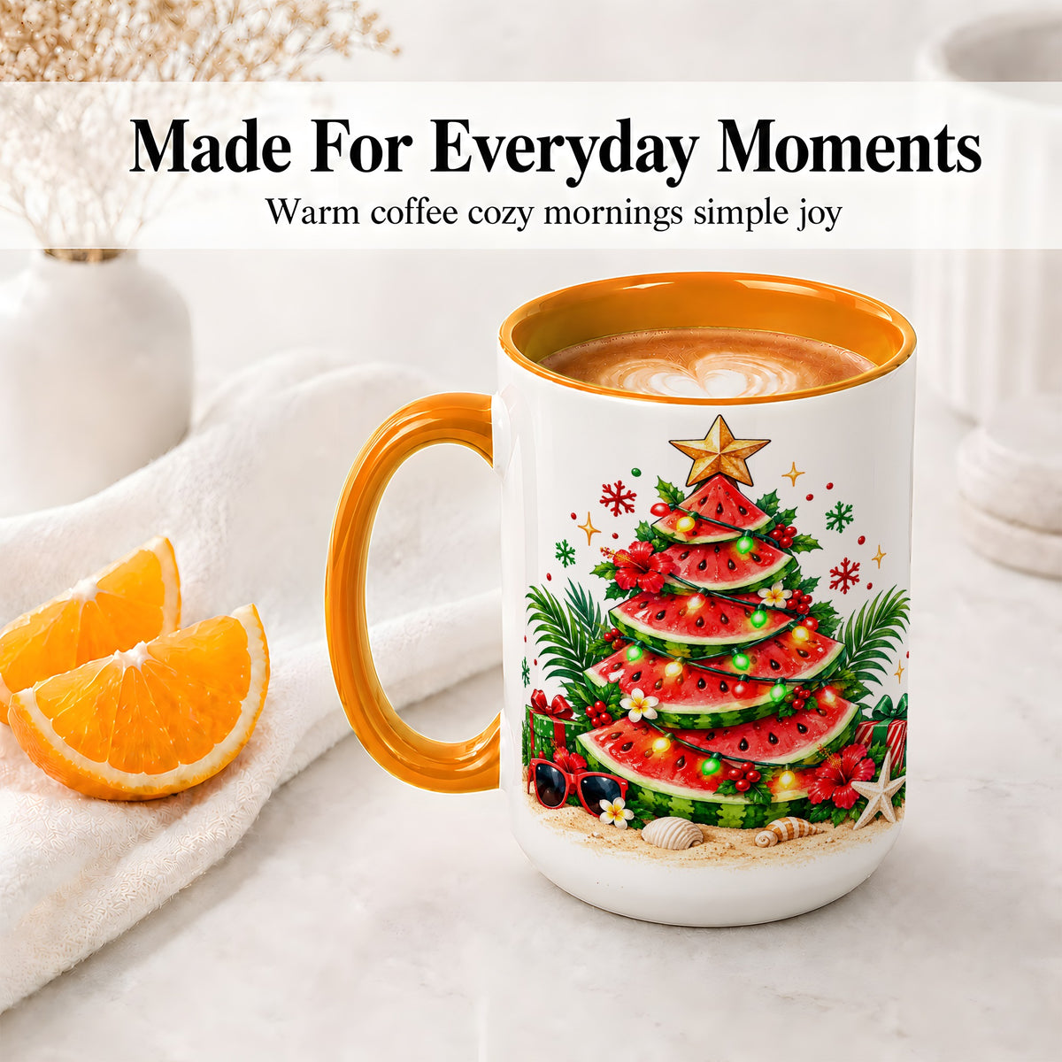 #pl[15oz|Orange] Tropical Watermelon Christmas Ceramic Mug with Beach Artwork