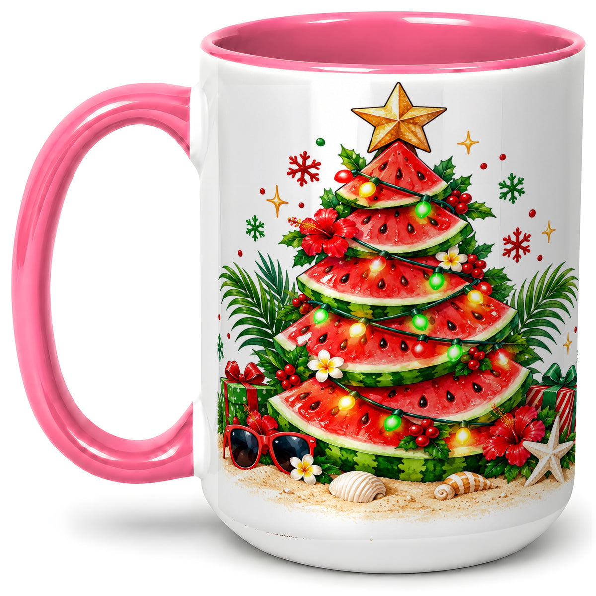 #pl[15oz|Pink] Tropical Watermelon Christmas Ceramic Mug with Beach Artwork
