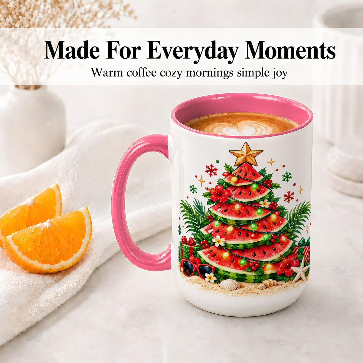 #pl[15oz|Pink] Tropical Watermelon Christmas Ceramic Mug with Beach Artwork