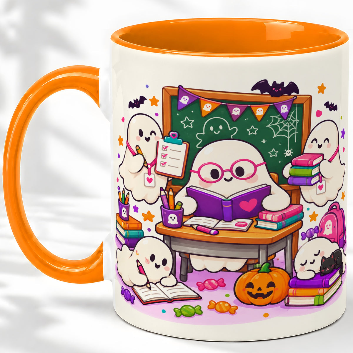 #pl[11oz|Orange] Cute Ghost School Halloween Ceramic Mug for Teachers