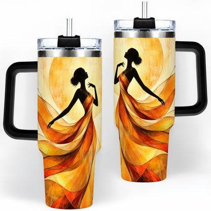 #pl[40oz|Black] Abstract Woman 40oz Handled Tumbler with Flowing Orange Dress Artwork