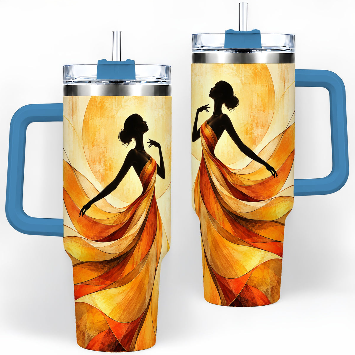 #pl[40oz|Blue] Abstract Woman 40oz Handled Tumbler with Flowing Orange Dress Artwork