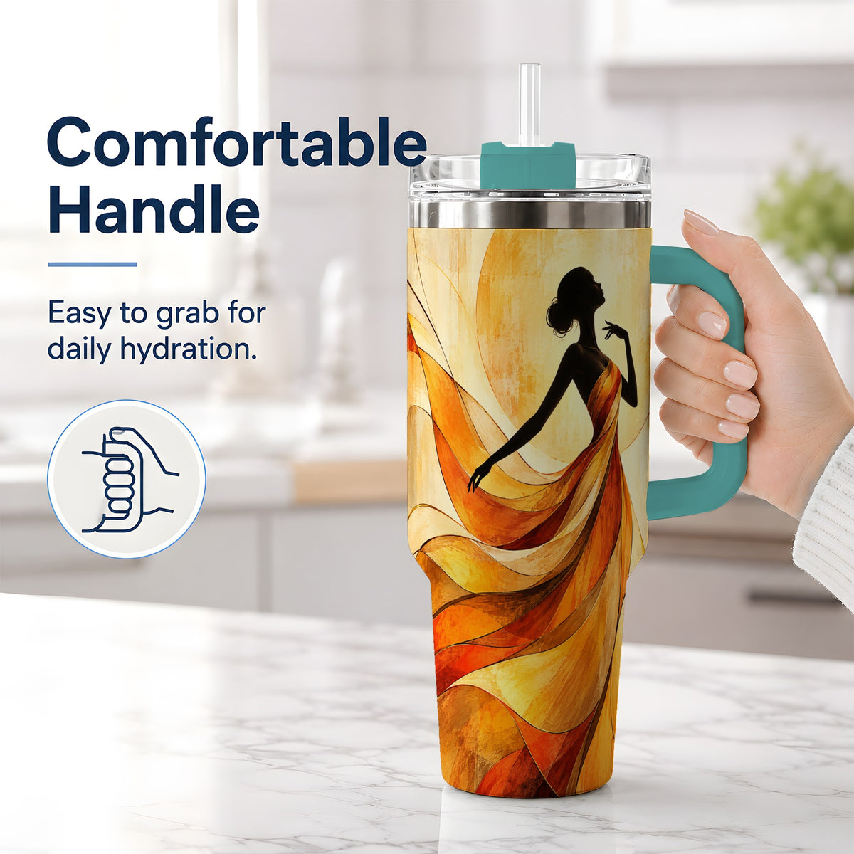 #pl[40oz|Green] Abstract Woman 40oz Handled Tumbler with Flowing Orange Dress Artwork