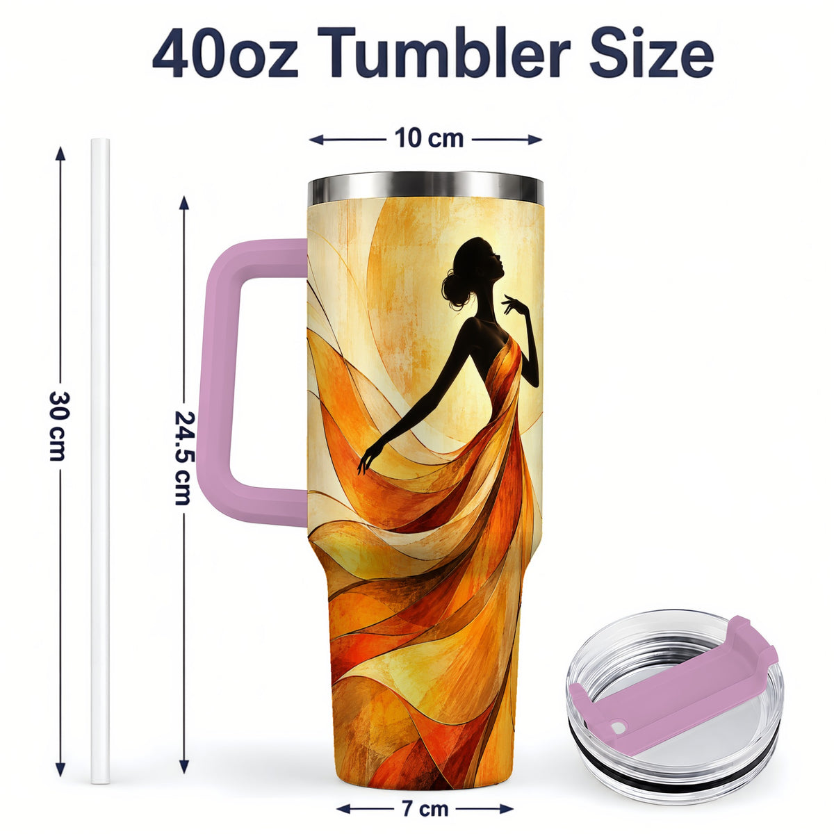 #pl[40oz|Pink] Abstract Woman 40oz Handled Tumbler with Flowing Orange Dress Artwork