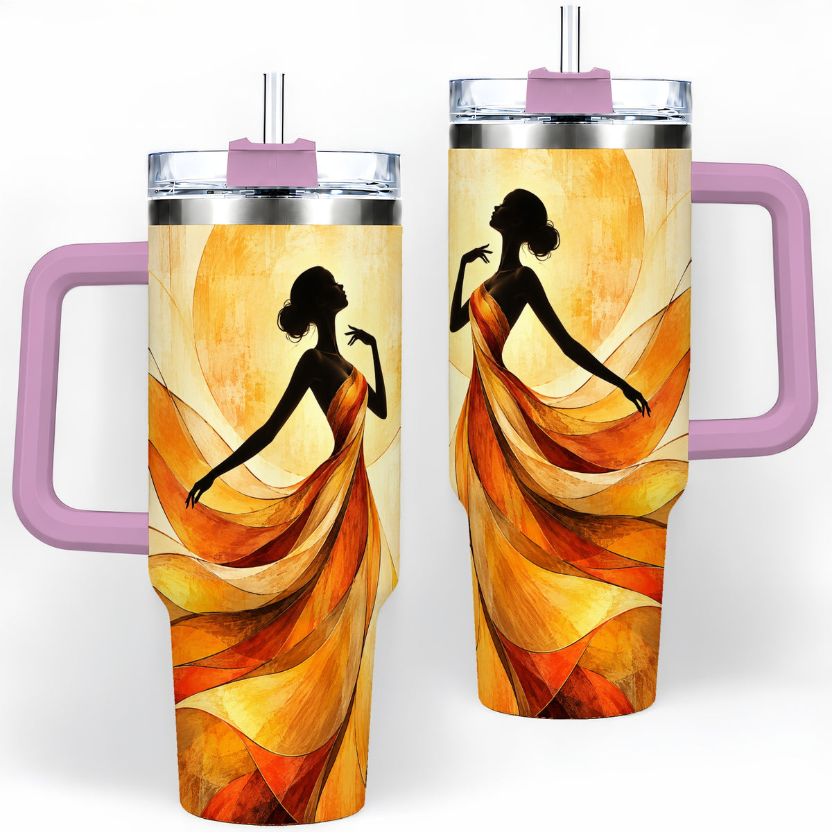 #pl[40oz|Pink] Abstract Woman 40oz Handled Tumbler with Flowing Orange Dress Artwork