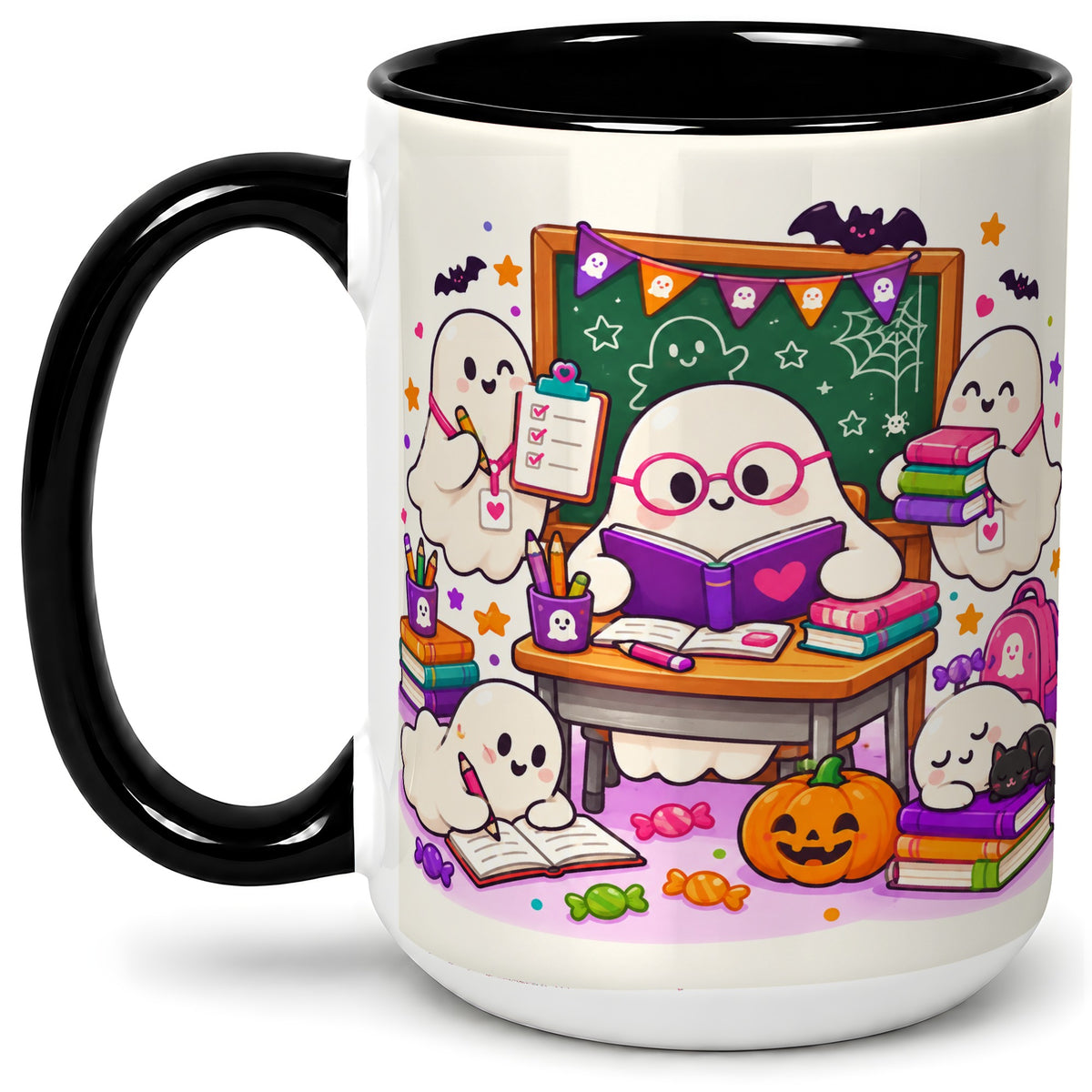 #pl[15oz|Black] Cute Ghost School Halloween Ceramic Mug for Teachers