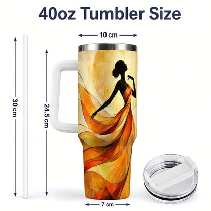 #pl[40oz|White] Abstract Woman 40oz Handled Tumbler with Flowing Orange Dress Artwork