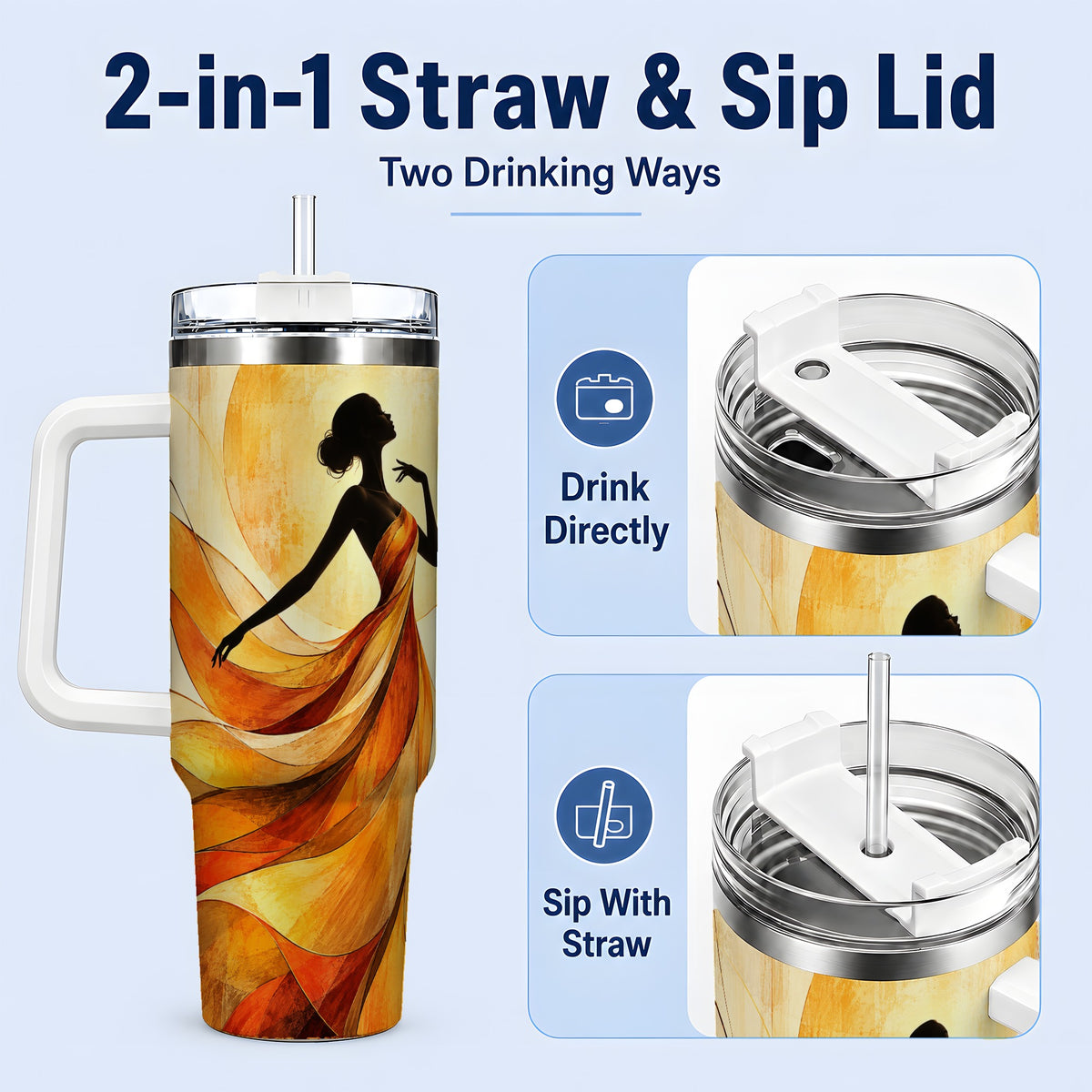 #pl[40oz|White] Abstract Woman 40oz Handled Tumbler with Flowing Orange Dress Artwork