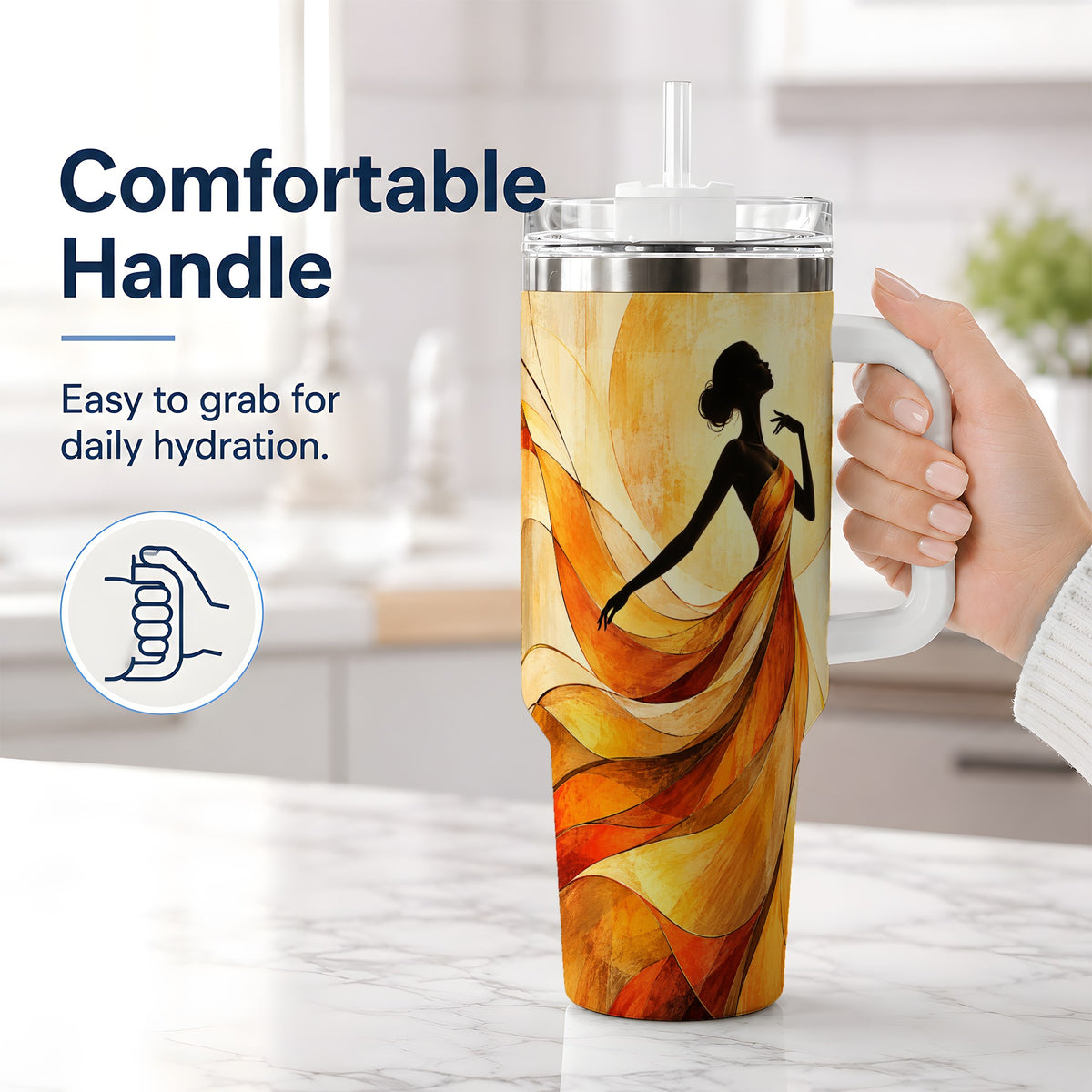 #pl[40oz|White] Abstract Woman 40oz Handled Tumbler with Flowing Orange Dress Artwork