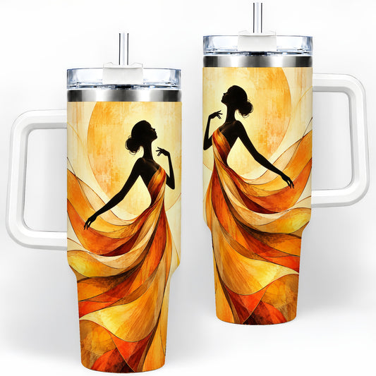 Abstract Woman 40oz Handled Tumbler with Flowing Orange Dress Artwork