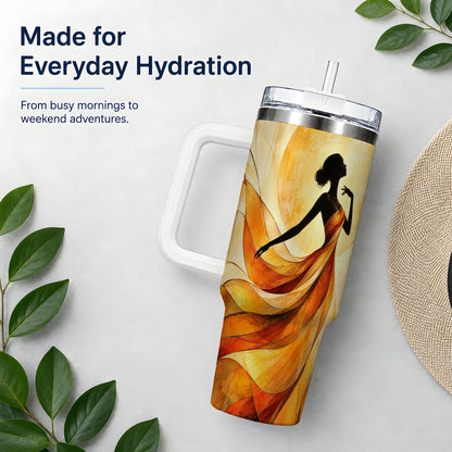 Abstract Woman 40oz Handled Tumbler with Flowing Orange Dress Artwork