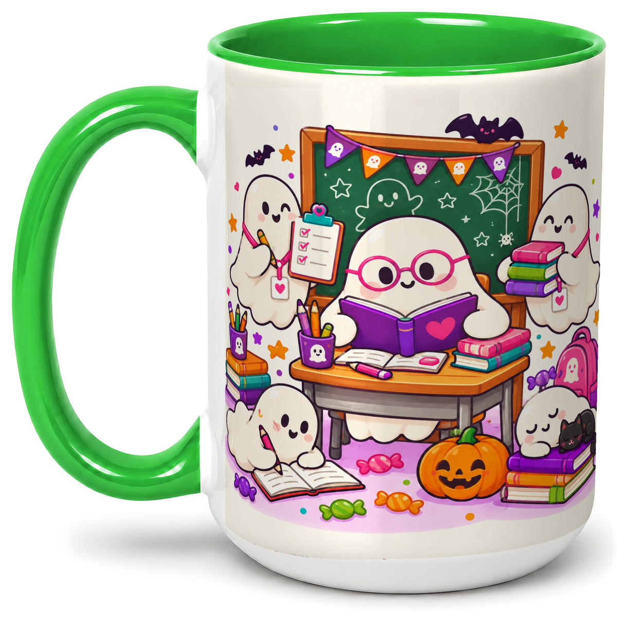 #pl[15oz|Green] Cute Ghost School Halloween Ceramic Mug for Teachers