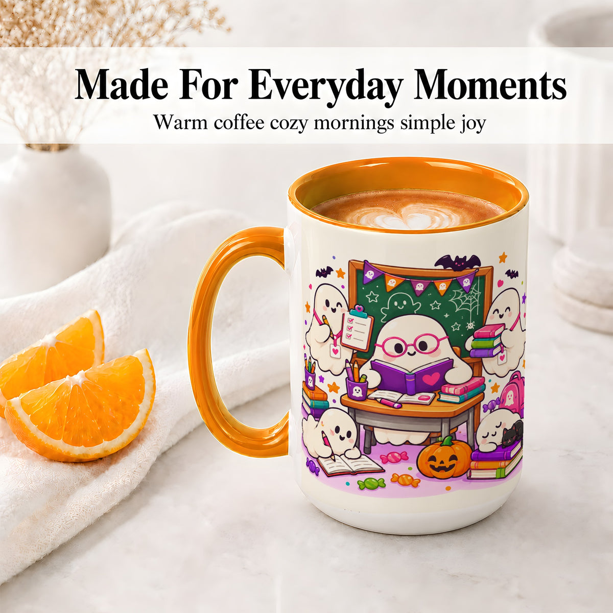 #pl[15oz|Orange] Cute Ghost School Halloween Ceramic Mug for Teachers