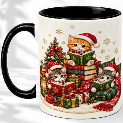 #pl[11oz|Black] Christmas Cat Reading Ceramic Mug for Cat Lovers