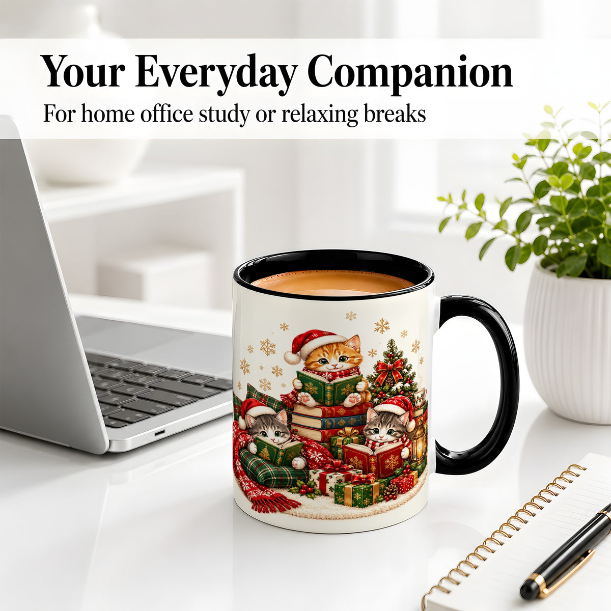#pl[11oz|Black] Christmas Cat Reading Ceramic Mug for Cat Lovers