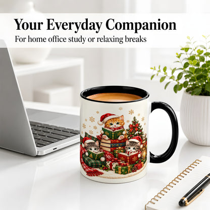 #pl[11oz|Black] Christmas Cat Reading Ceramic Mug for Cat Lovers