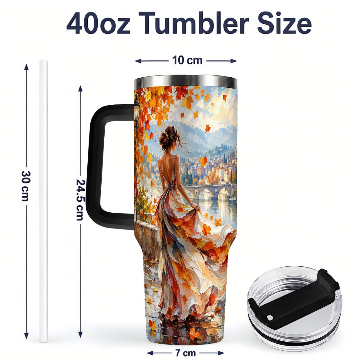 #pl[40oz|Black] Autumn Riverside Woman 40oz Handled Tumbler with Scenic City Artwork