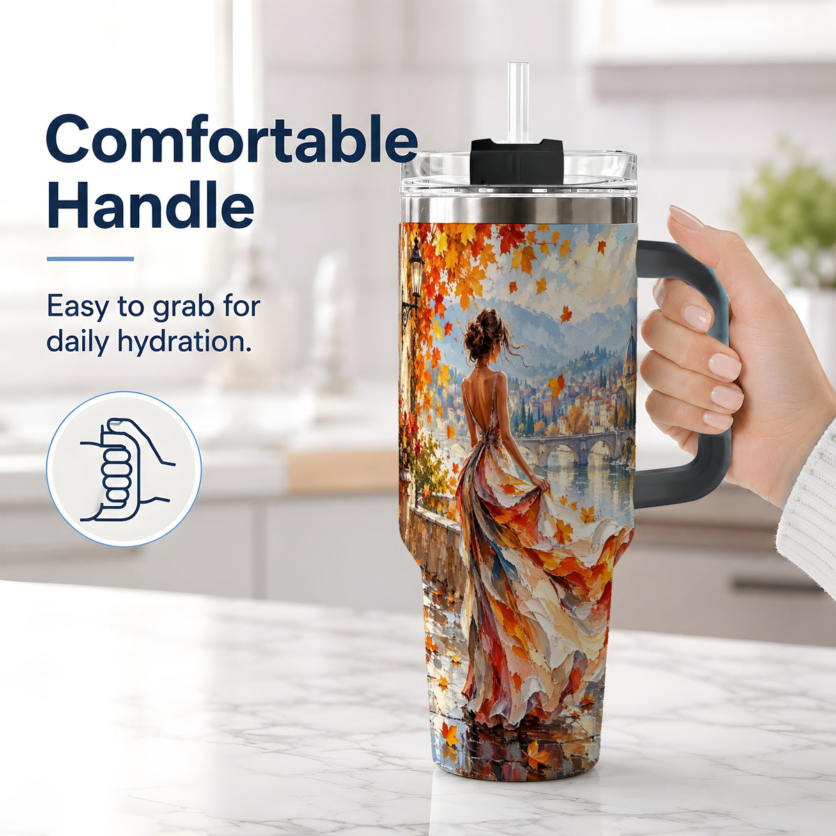 #pl[40oz|Black] Autumn Riverside Woman 40oz Handled Tumbler with Scenic City Artwork