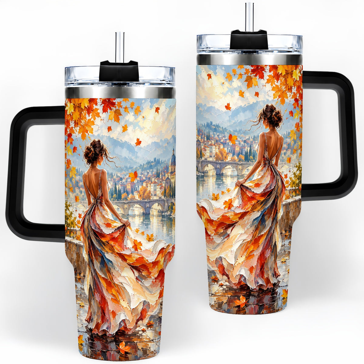 #pl[40oz|Black] Autumn Riverside Woman 40oz Handled Tumbler with Scenic City Artwork