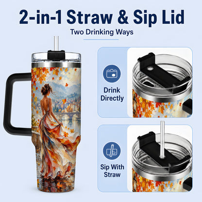 #pl[40oz|Black] Autumn Riverside Woman 40oz Handled Tumbler with Scenic City Artwork