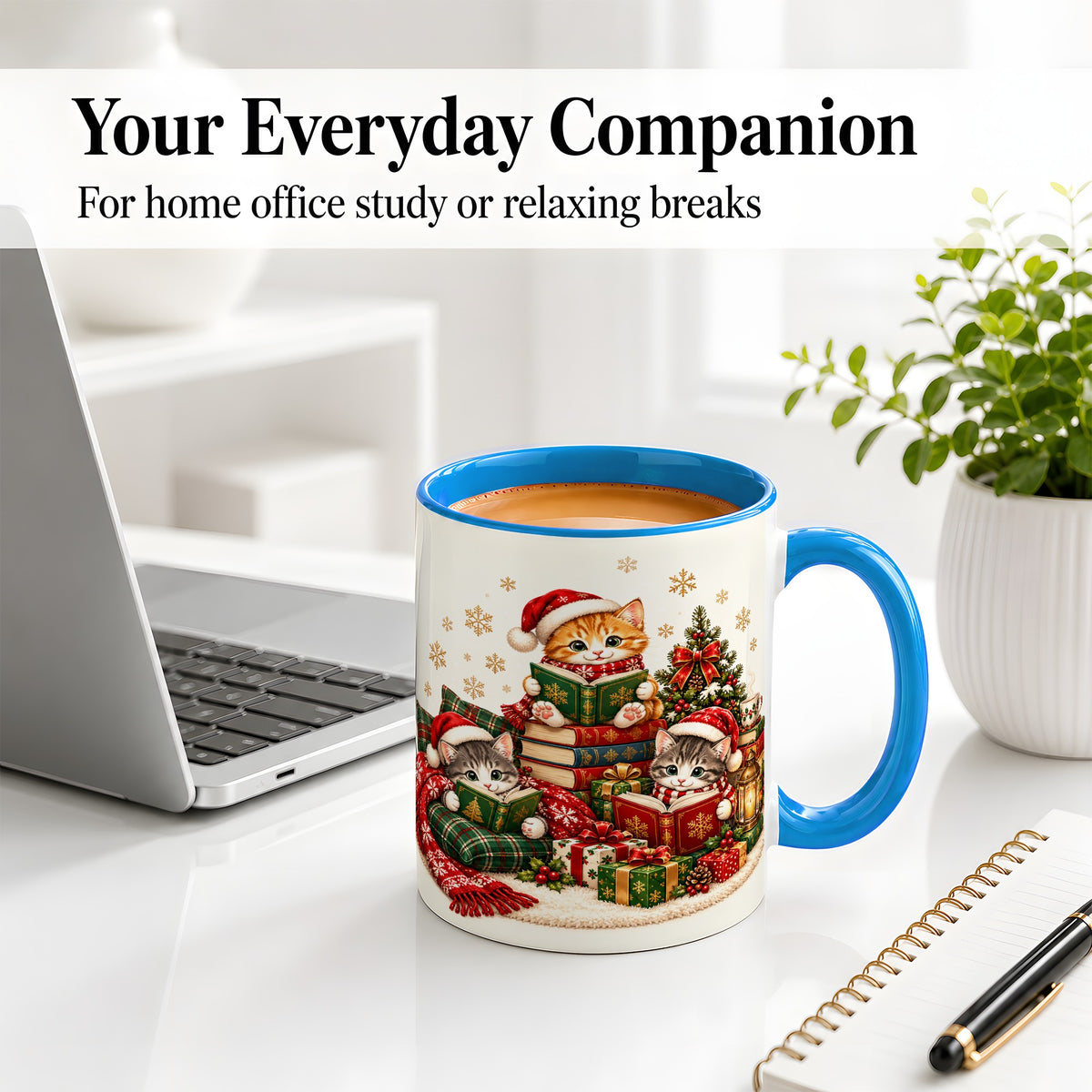 #pl[11oz|Blue] Christmas Cat Reading Ceramic Mug for Cat Lovers