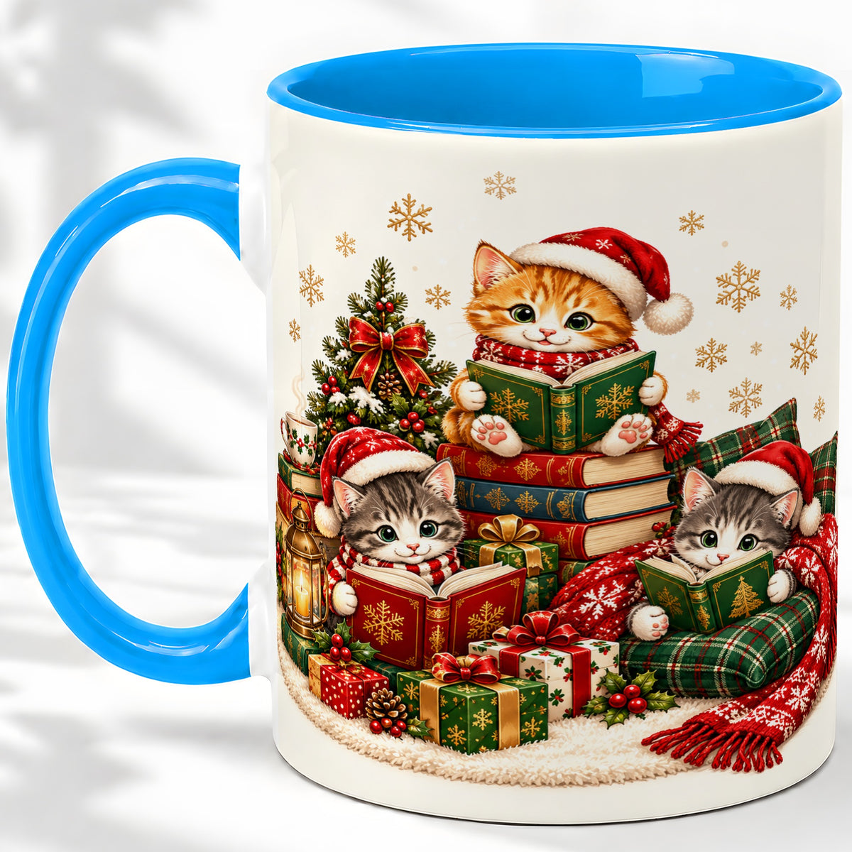 #pl[11oz|Blue] Christmas Cat Reading Ceramic Mug for Cat Lovers