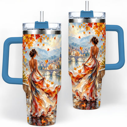 #pl[40oz|Blue] Autumn Riverside Woman 40oz Handled Tumbler with Scenic City Artwork