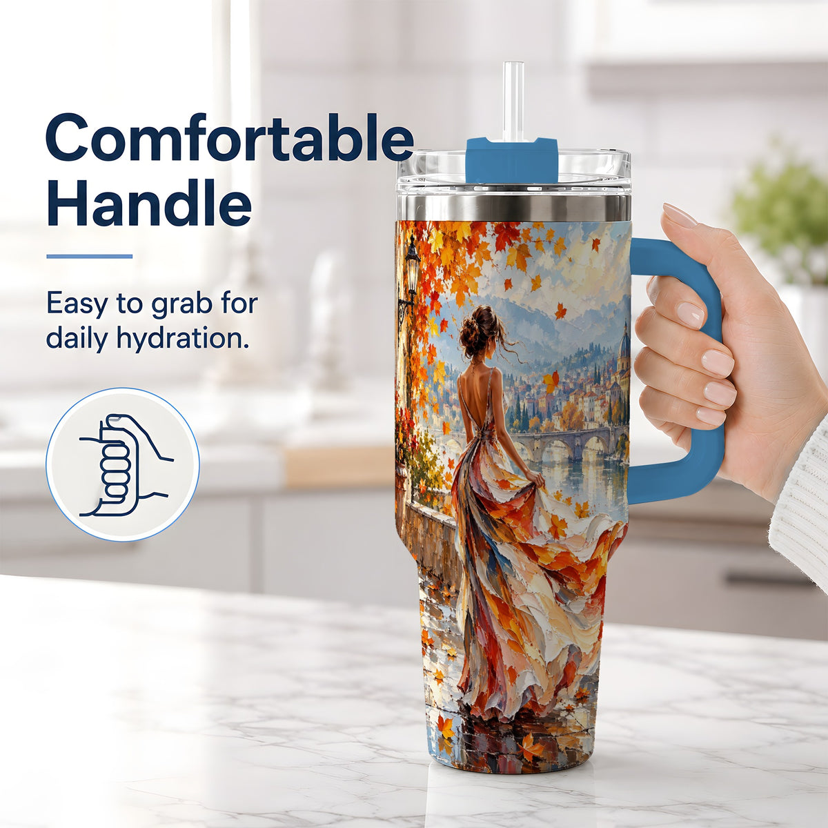 #pl[40oz|Blue] Autumn Riverside Woman 40oz Handled Tumbler with Scenic City Artwork
