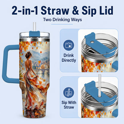 #pl[40oz|Blue] Autumn Riverside Woman 40oz Handled Tumbler with Scenic City Artwork