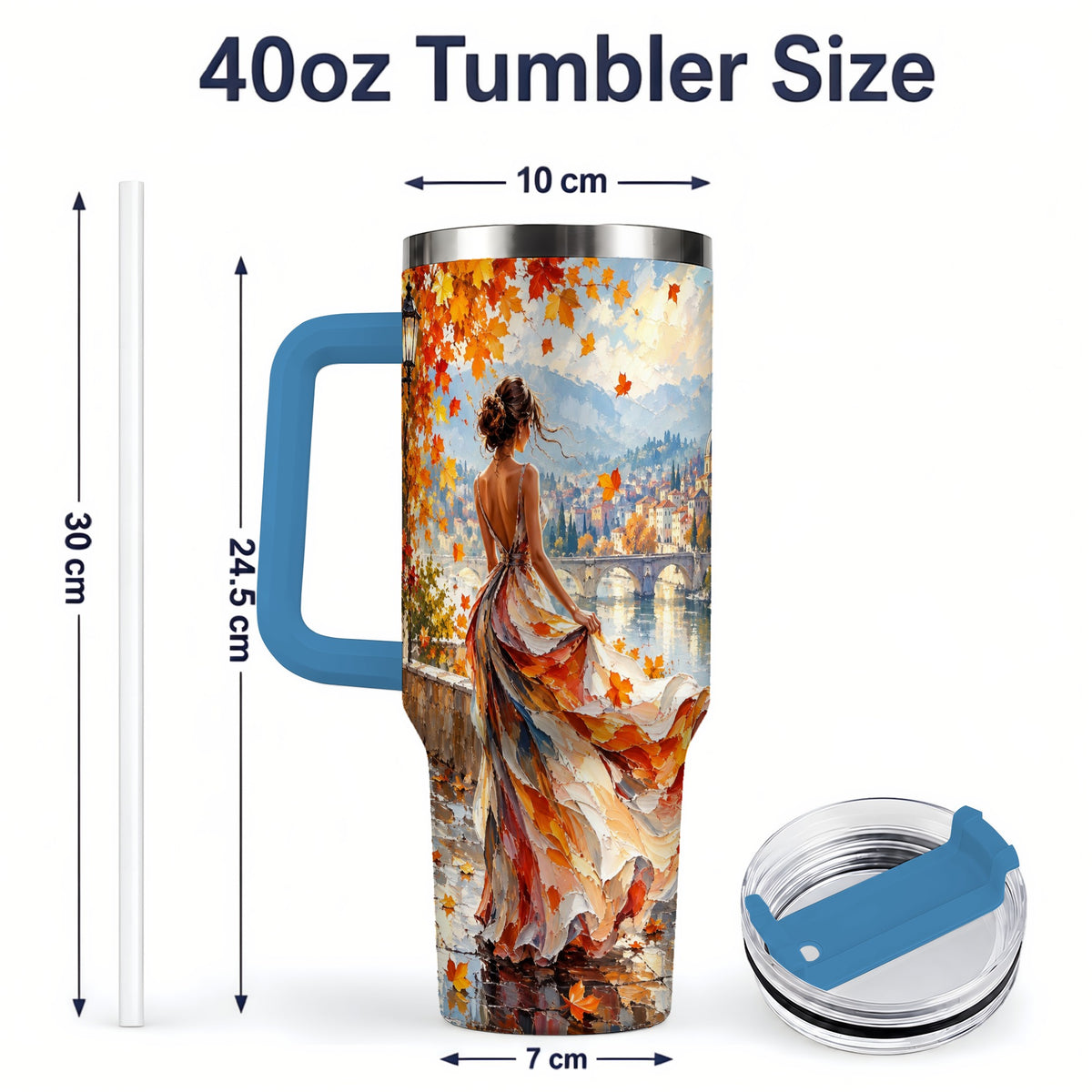 #pl[40oz|Blue] Autumn Riverside Woman 40oz Handled Tumbler with Scenic City Artwork
