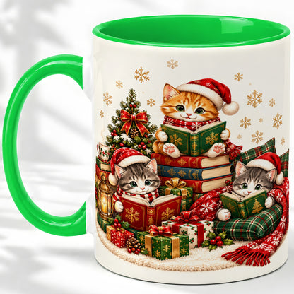 #pl[11oz|Green] Christmas Cat Reading Ceramic Mug for Cat Lovers