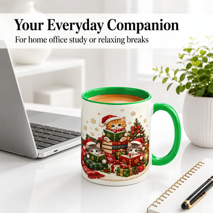 #pl[11oz|Green] Christmas Cat Reading Ceramic Mug for Cat Lovers