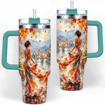 #pl[40oz|Green] Autumn Riverside Woman 40oz Handled Tumbler with Scenic City Artwork