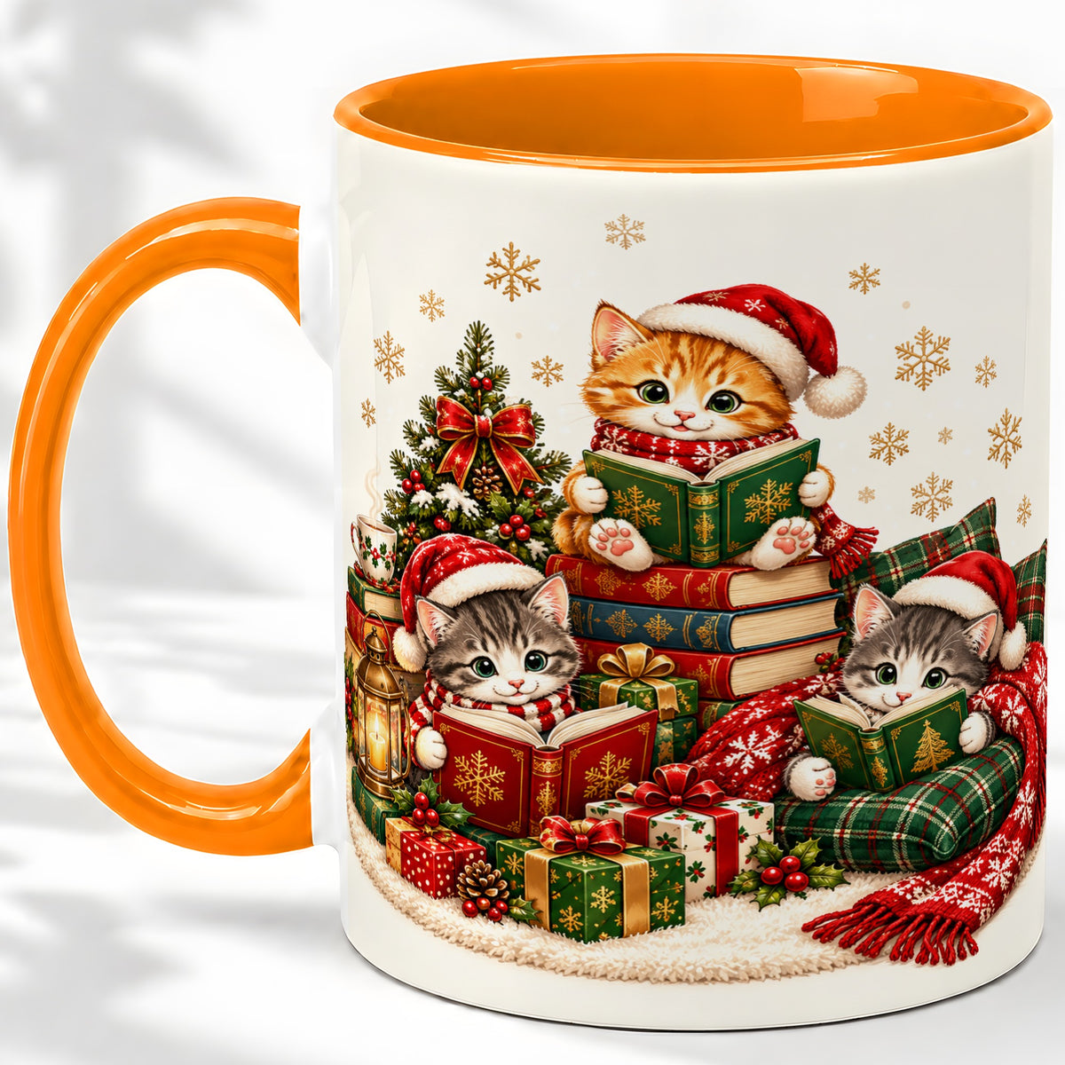 #pl[11oz|Orange] Christmas Cat Reading Ceramic Mug for Cat Lovers