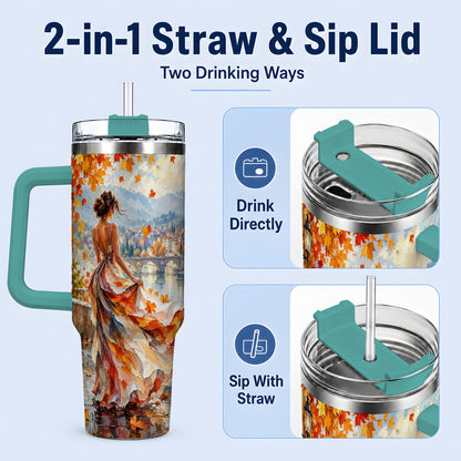 #pl[40oz|Green] Autumn Riverside Woman 40oz Handled Tumbler with Scenic City Artwork