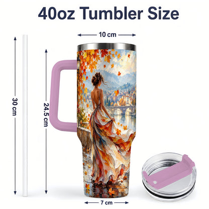 #pl[40oz|Pink] Autumn Riverside Woman 40oz Handled Tumbler with Scenic City Artwork