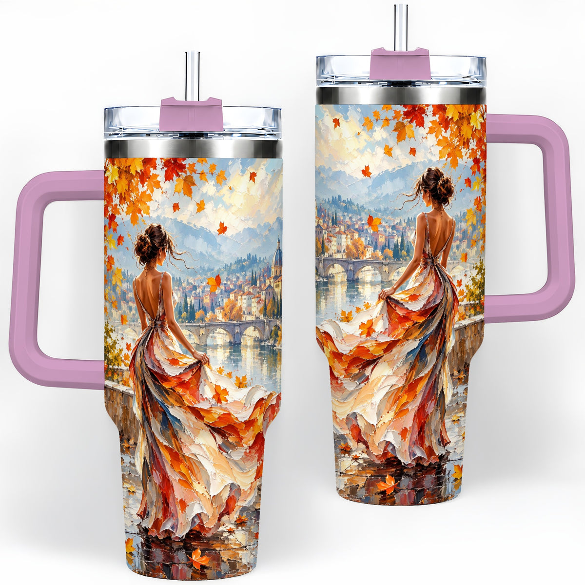 #pl[40oz|Pink] Autumn Riverside Woman 40oz Handled Tumbler with Scenic City Artwork