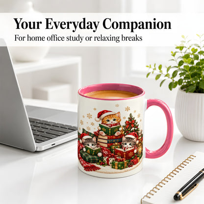 #pl[11oz|Pink] Christmas Cat Reading Ceramic Mug for Cat Lovers