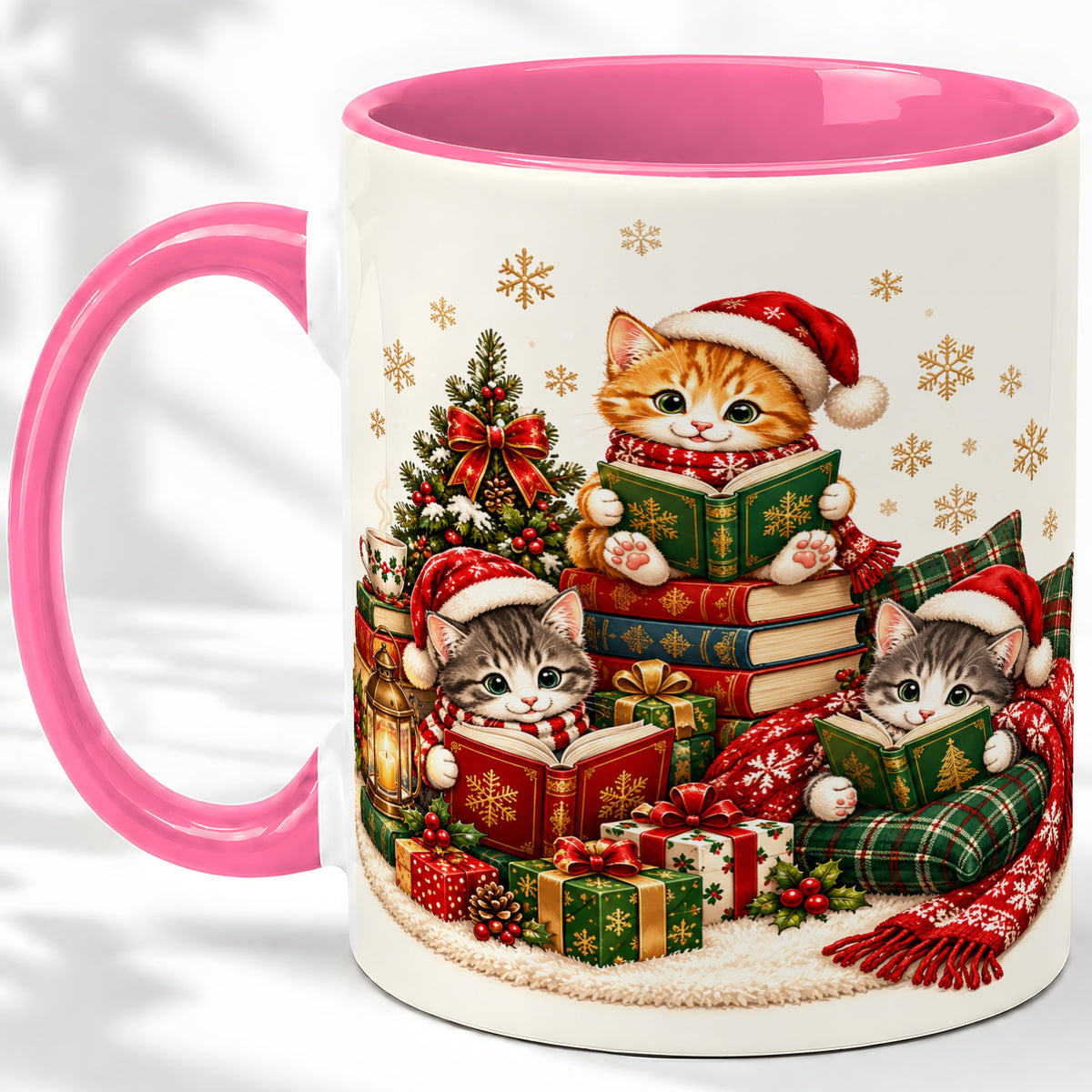 #pl[11oz|Pink] Christmas Cat Reading Ceramic Mug for Cat Lovers