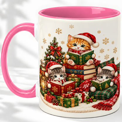 #pl[11oz|Pink] Christmas Cat Reading Ceramic Mug for Cat Lovers