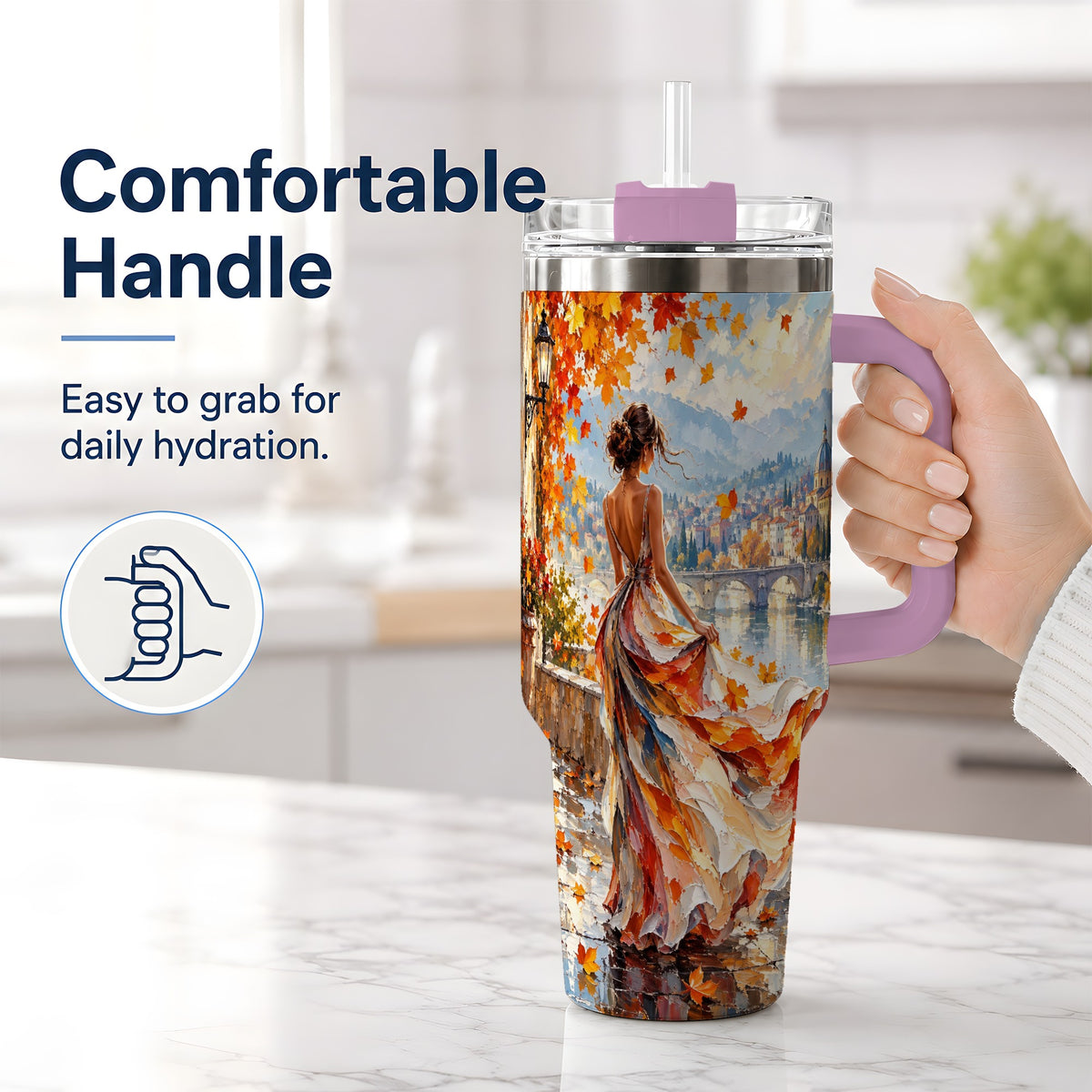 #pl[40oz|Pink] Autumn Riverside Woman 40oz Handled Tumbler with Scenic City Artwork