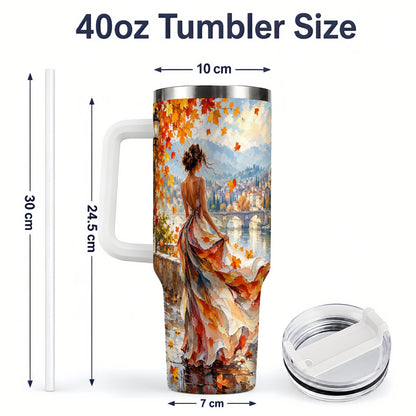 #pl[40oz|White] Autumn Riverside Woman 40oz Handled Tumbler with Scenic City Artwork