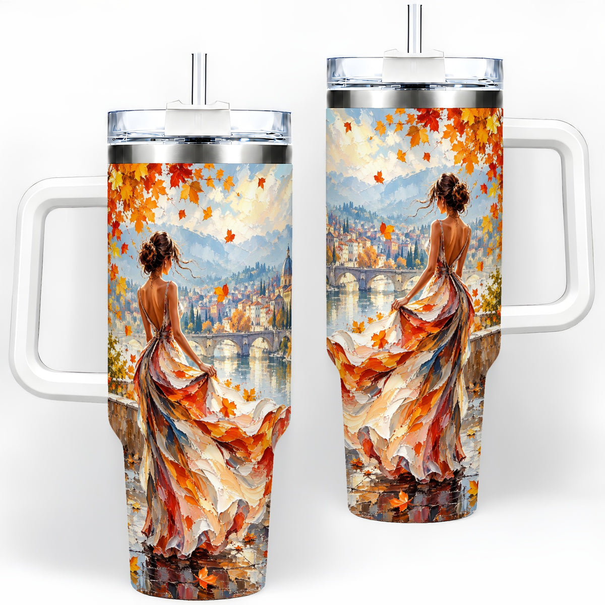 Autumn Riverside Woman 40oz Handled Tumbler with Scenic City Artwork