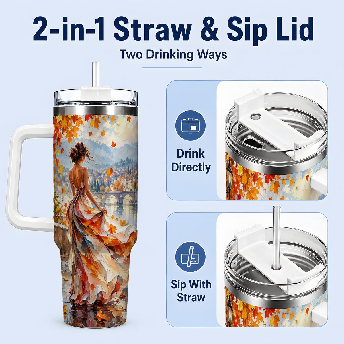#pl[40oz|White] Autumn Riverside Woman 40oz Handled Tumbler with Scenic City Artwork