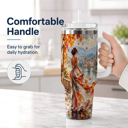 #pl[40oz|White] Autumn Riverside Woman 40oz Handled Tumbler with Scenic City Artwork