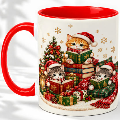 Christmas Cat Reading Ceramic Mug for Cat Lovers