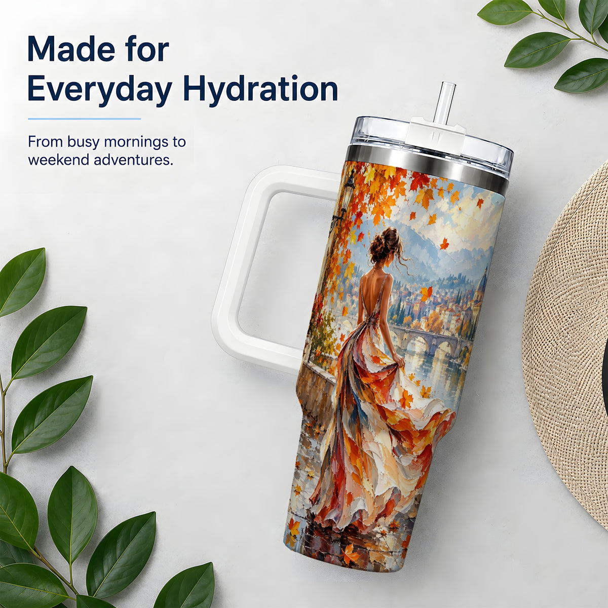 Autumn Riverside Woman 40oz Handled Tumbler with Scenic City Artwork